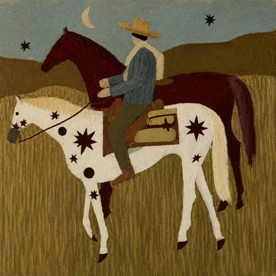 Rider and Two Horses beneath a Crescent Moon Wall Art artwork view | Olyrel