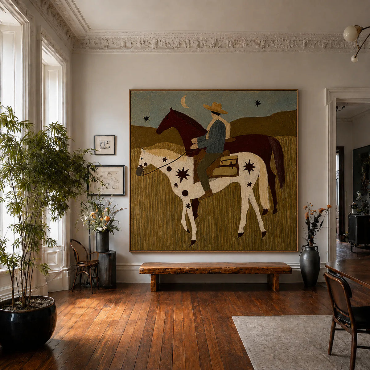 Rider and Two Horses beneath a Crescent Moon Wall Art styled interior scene 2 | Olyrel