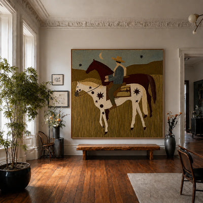 Rider and Two Horses beneath a Crescent Moon Wall Art styled interior scene 2 | Olyrel