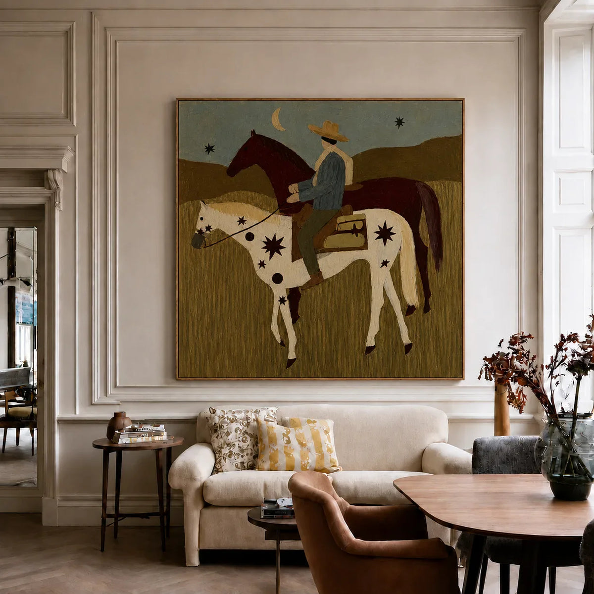 Rider and Two Horses beneath a Crescent Moon Wall Art styled interior scene 3 | Olyrel