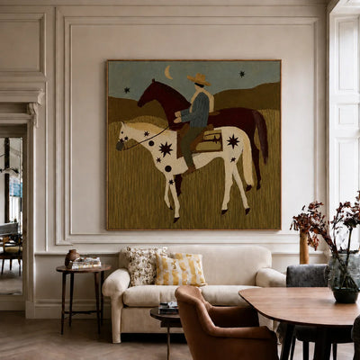 Rider and Two Horses beneath a Crescent Moon Wall Art styled interior scene 3 | Olyrel