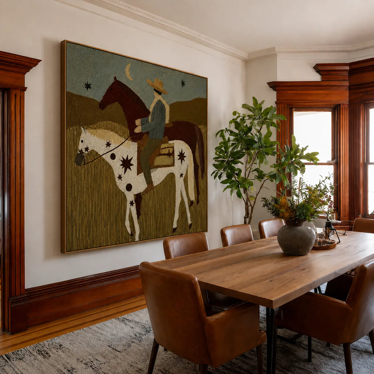 Rider and Two Horses beneath a Crescent Moon Wall Art styled interior scene 5 | Olyrel