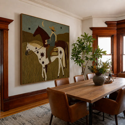 Rider and Two Horses beneath a Crescent Moon Wall Art styled interior scene 5 | Olyrel