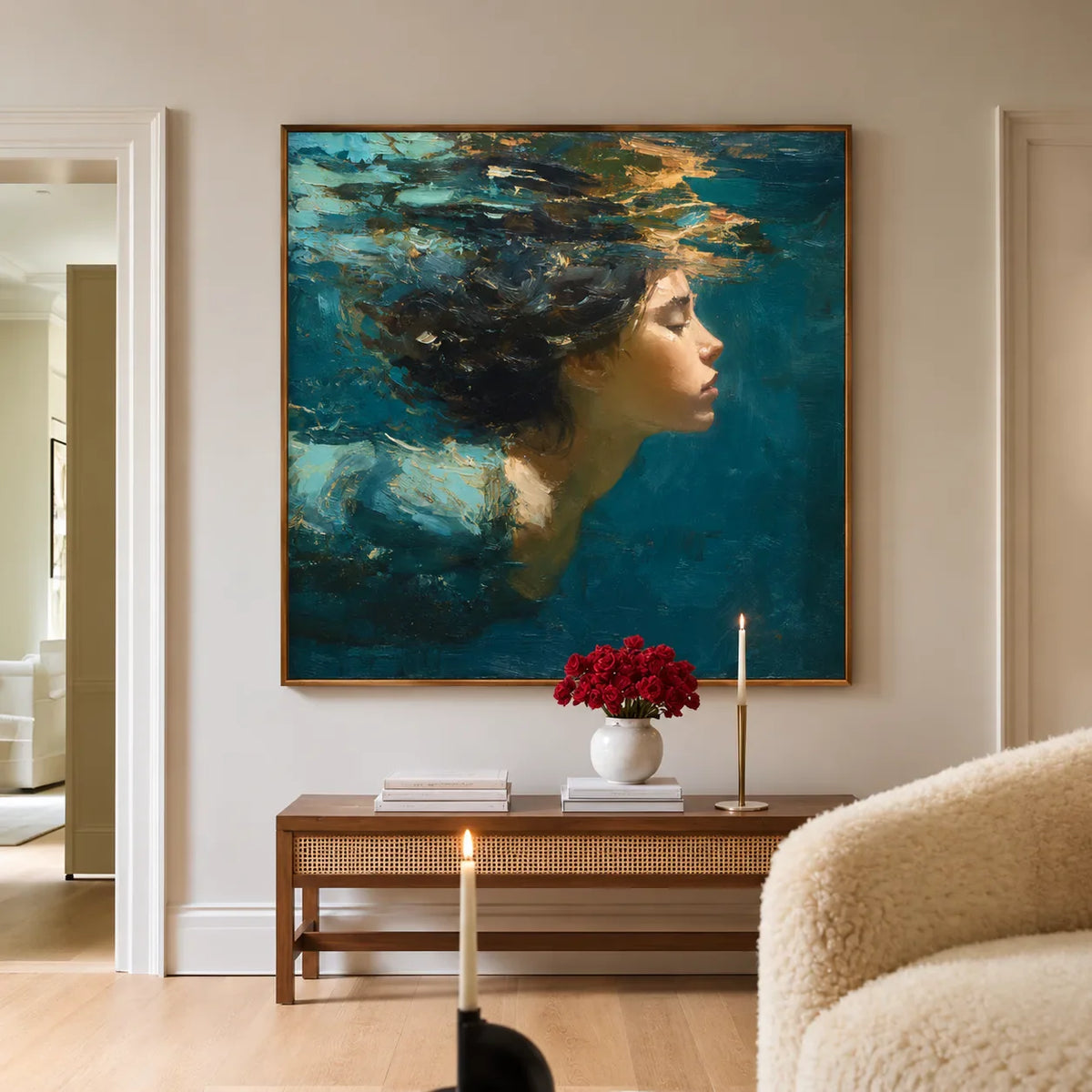 Teal Reverie Underwater Portrait Wall Art styled interior scene 1 | Olyrel