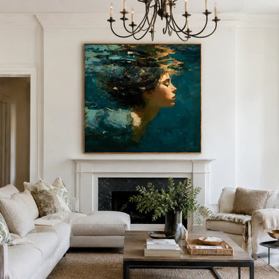 Teal Reverie Underwater Portrait Wall Art styled interior scene 4 | Olyrel