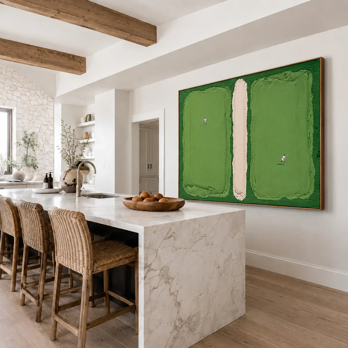 Green Fields and Tiny Players Textured Wall Art styled interior scene 3 | Olyrel