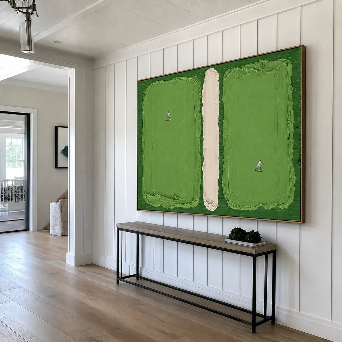 Green Fields and Tiny Players Textured Wall Art styled interior scene 4 | Olyrel