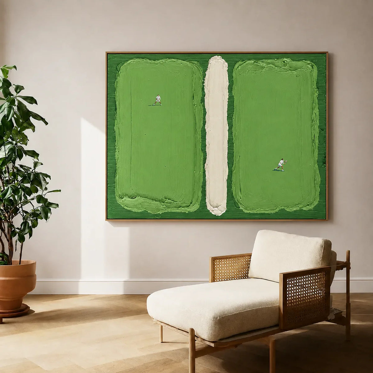 Green Fields and Tiny Players Textured Wall Art styled interior scene 5 | Olyrel