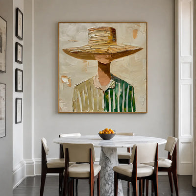 Wide-Brim Hat and Green Stripes Portrait Wall Art styled interior scene 1 | Olyrel