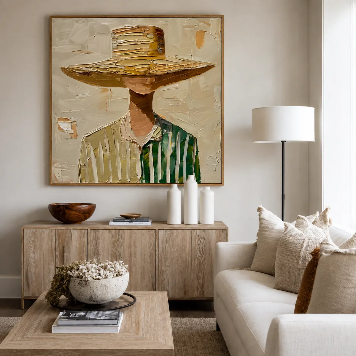 Wide-Brim Hat and Green Stripes Portrait Wall Art styled interior scene 3 | Olyrel