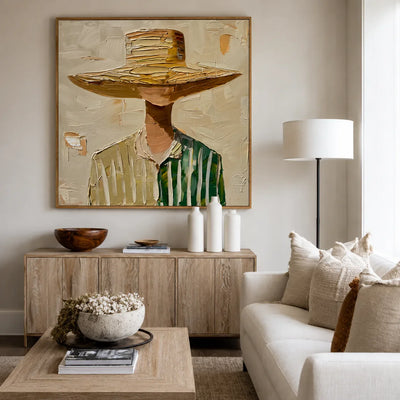 Wide-Brim Hat and Green Stripes Portrait Wall Art styled interior scene 3 | Olyrel