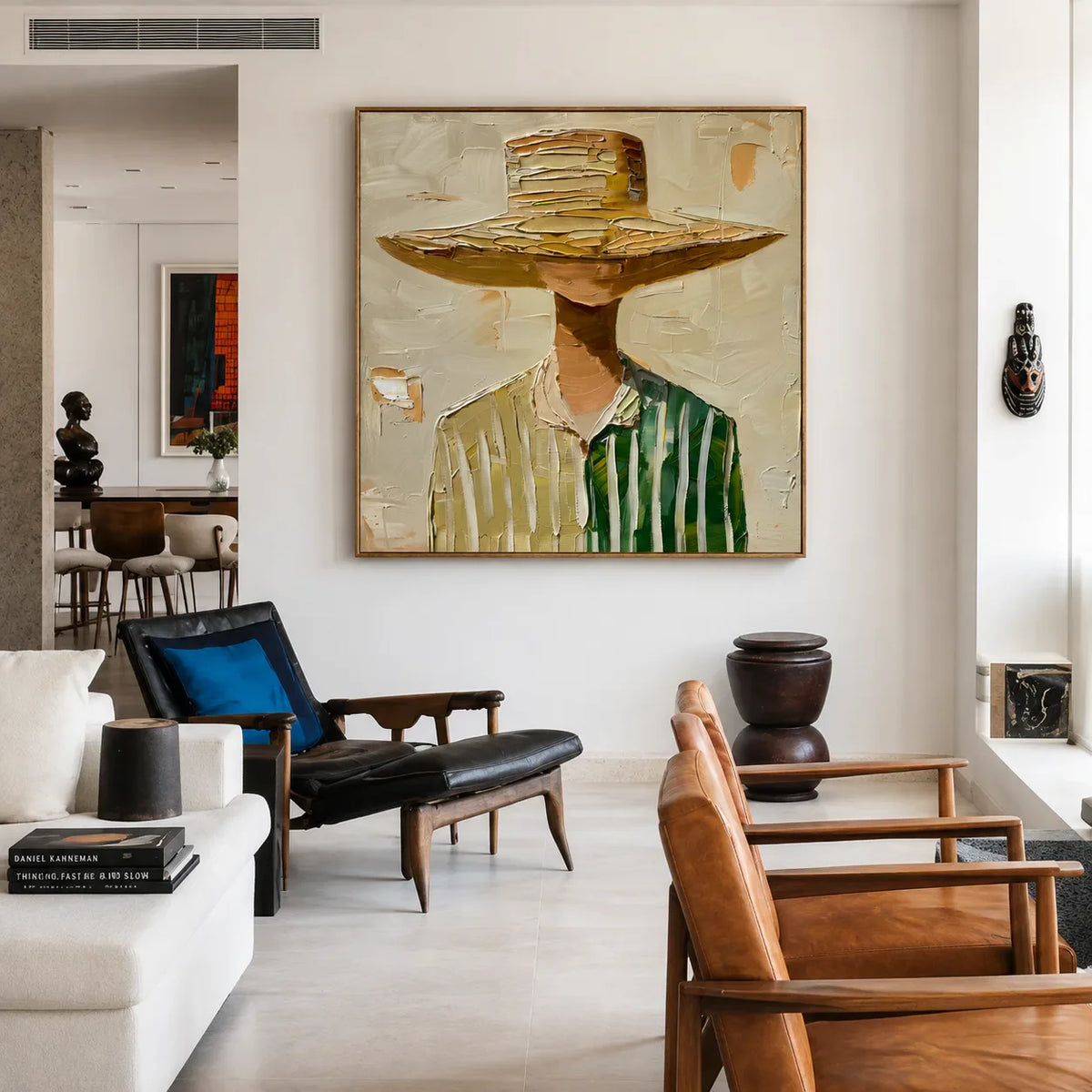 Wide-Brim Hat and Green Stripes Portrait Wall Art styled interior scene 5 | Olyrel