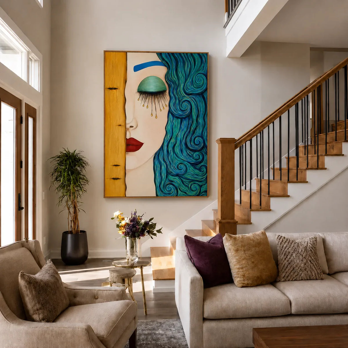 Turquoise Curls and Golden Tears Portrait Wall Art styled interior scene 3 | Olyrel