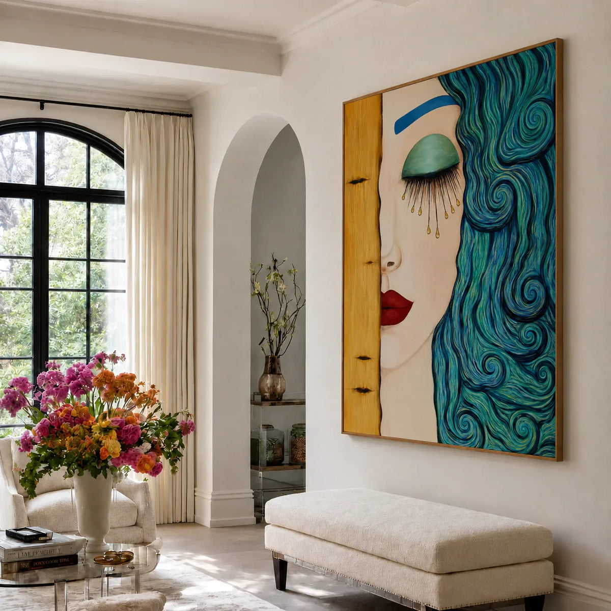 Turquoise Curls and Golden Tears Portrait Wall Art styled interior scene 5 | Olyrel