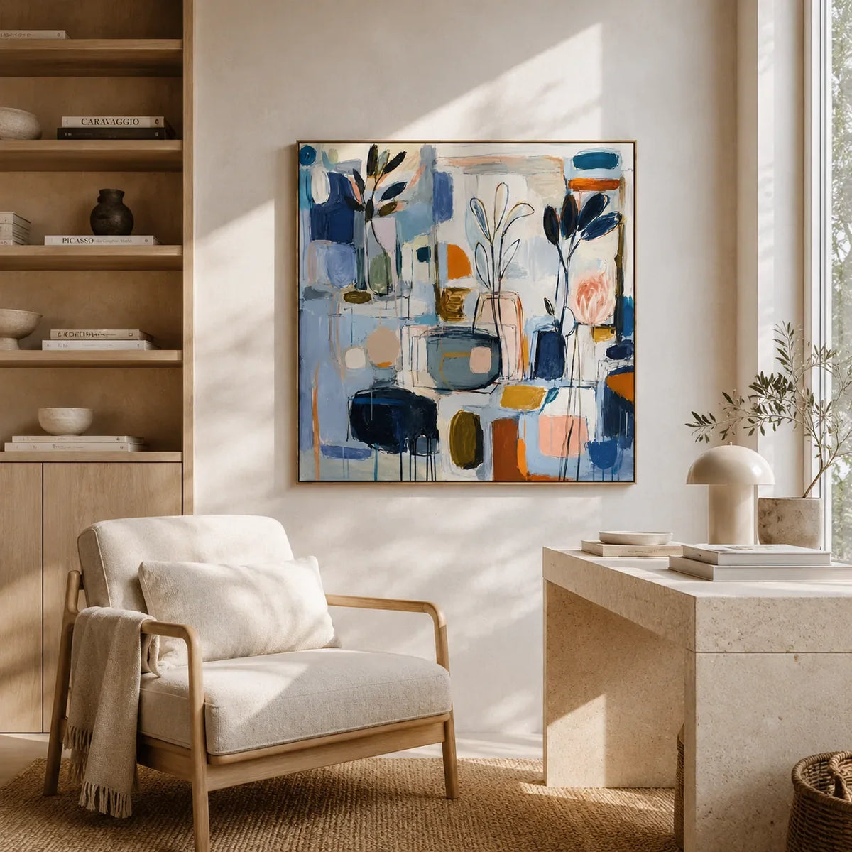 Blue Studio Floral Wall Art displayed above a sofa in a neutral interior | Olyrel