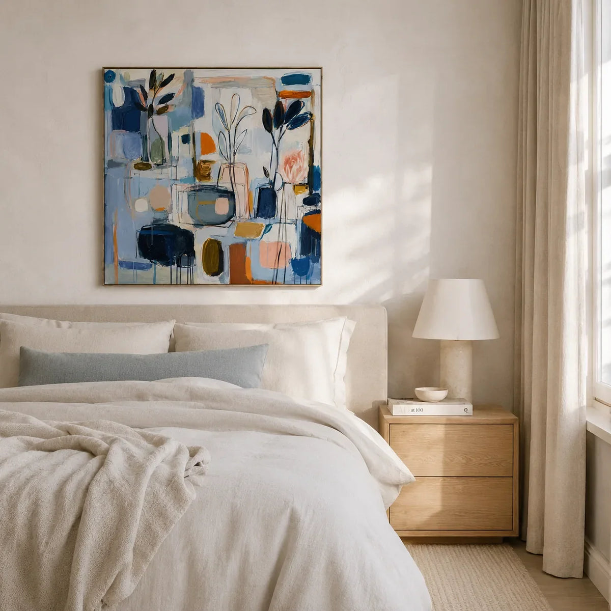 Blue Studio Floral Wall Art shown in a calm bedroom setting | Olyrel