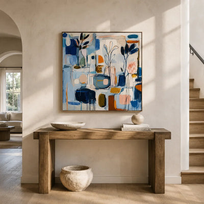 Blue Studio Floral Wall Art displayed in a bright dining room | Olyrel