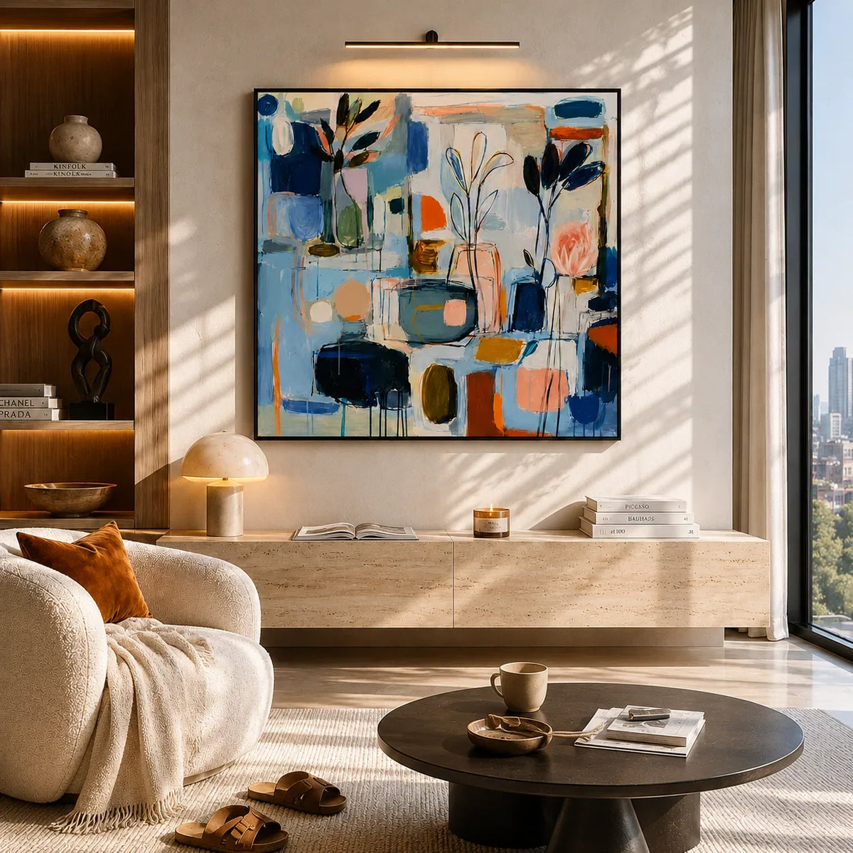 Blue Studio Floral Wall Art shown in a quiet home office | Olyrel
