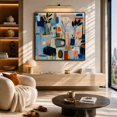 Blue Studio Floral Wall Art shown in a quiet home office | Olyrel