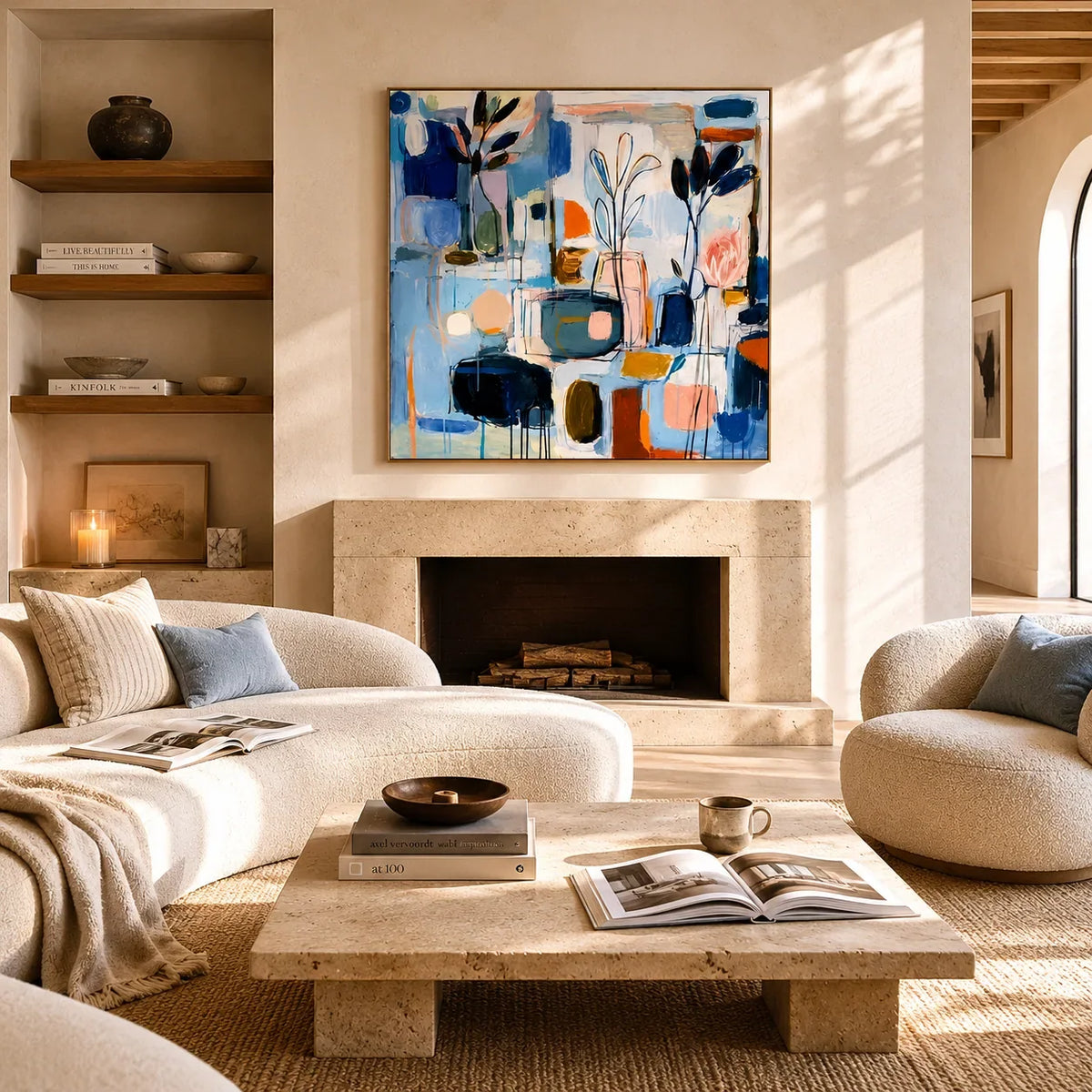 Blue Studio Floral Wall Art styled in a modern living room | Olyrel