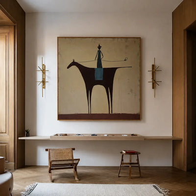 Slender Rider on a Burgundy Horse Wall Art styled interior scene 3 | Olyrel