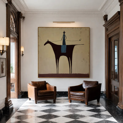 Slender Rider on a Burgundy Horse Wall Art styled interior scene 4 | Olyrel