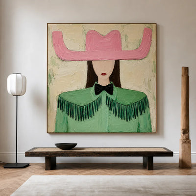 Pink Cowboy Hat and Green Fringe Portrait Wall Art styled interior scene 1 | Olyrel