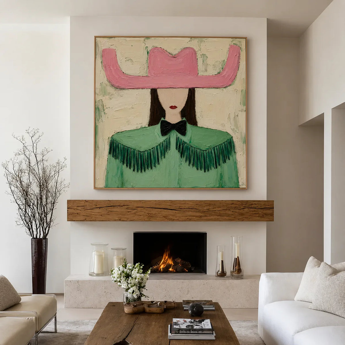 Pink Cowboy Hat and Green Fringe Portrait Wall Art styled interior scene 3 | Olyrel