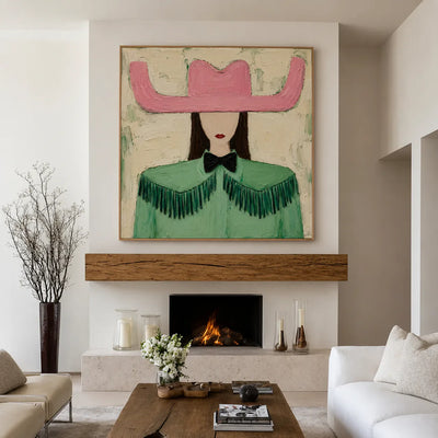 Pink Cowboy Hat and Green Fringe Portrait Wall Art styled interior scene 3 | Olyrel