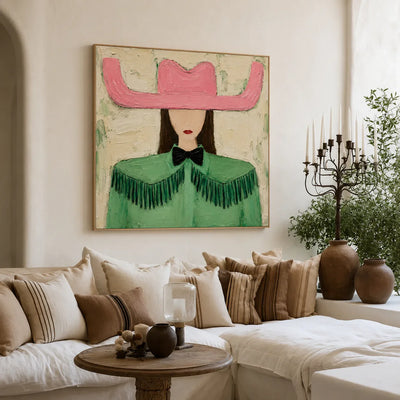 Pink Cowboy Hat and Green Fringe Portrait Wall Art styled interior scene 4 | Olyrel