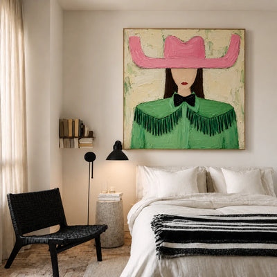 Pink Cowboy Hat and Green Fringe Portrait Wall Art styled interior scene 5 | Olyrel