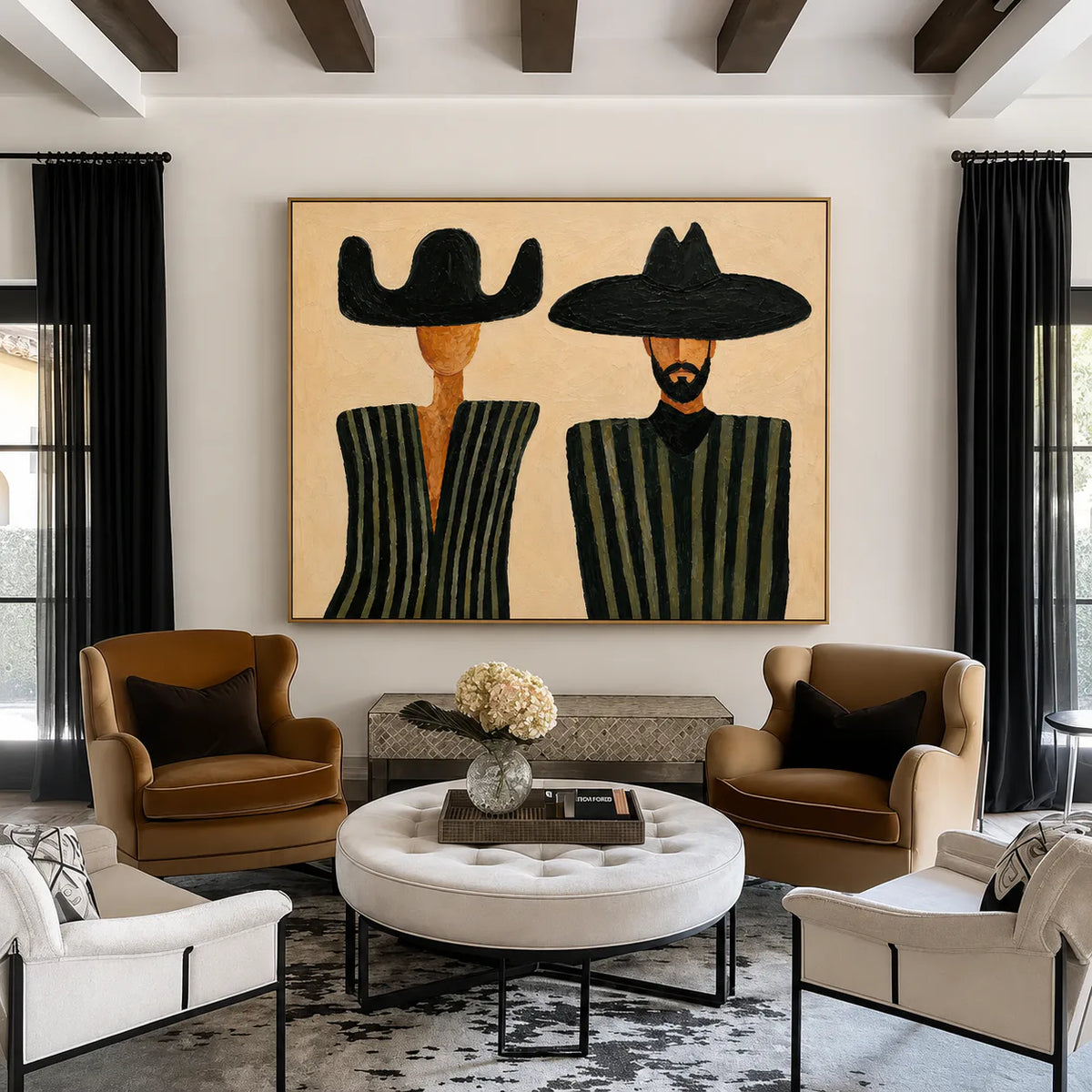 Black Hat Duet in Olive Stripes Wall Art styled interior scene 1 | Olyrel