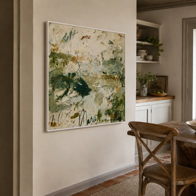 Forest Green Gestures on Ivory Abstract Wall Art styled interior scene 1 | Olyrel