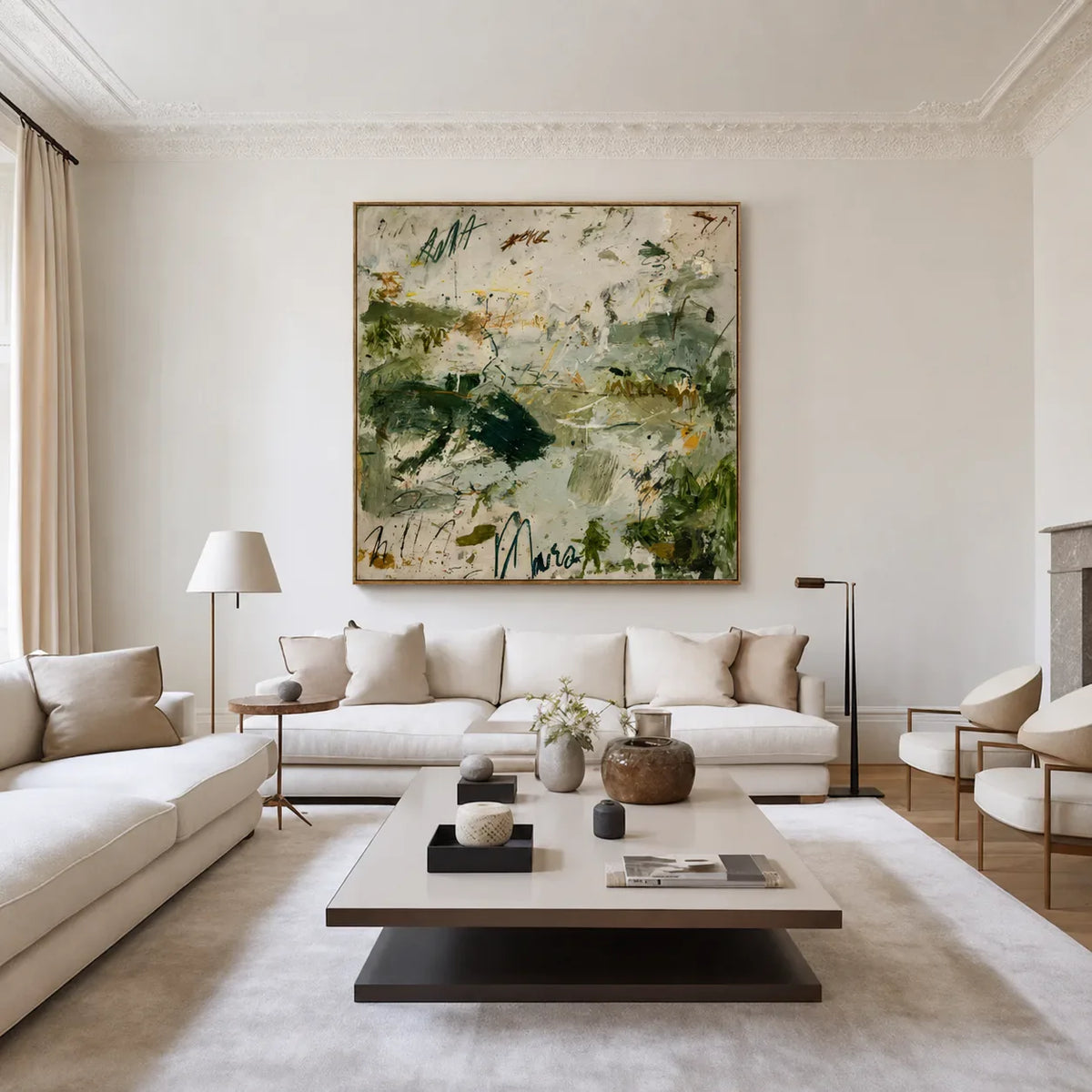 Forest Green Gestures on Ivory Abstract Wall Art styled interior scene 2 | Olyrel
