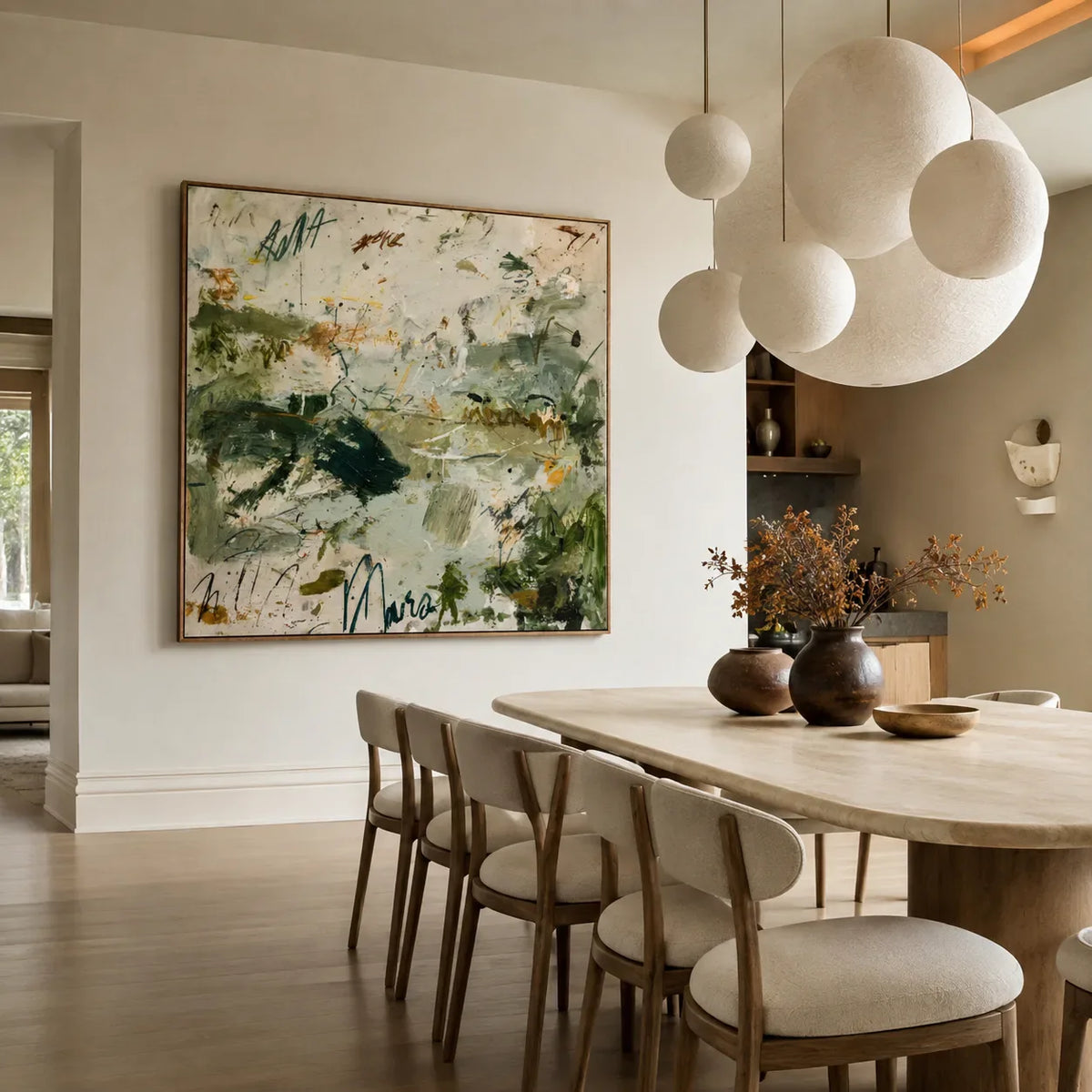 Forest Green Gestures on Ivory Abstract Wall Art styled interior scene 5 | Olyrel