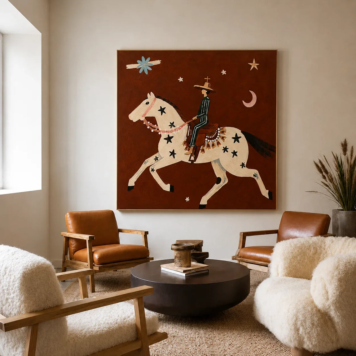Star-Spotted Horse and Crescent Rider Wall Art styled interior scene 2 | Olyrel