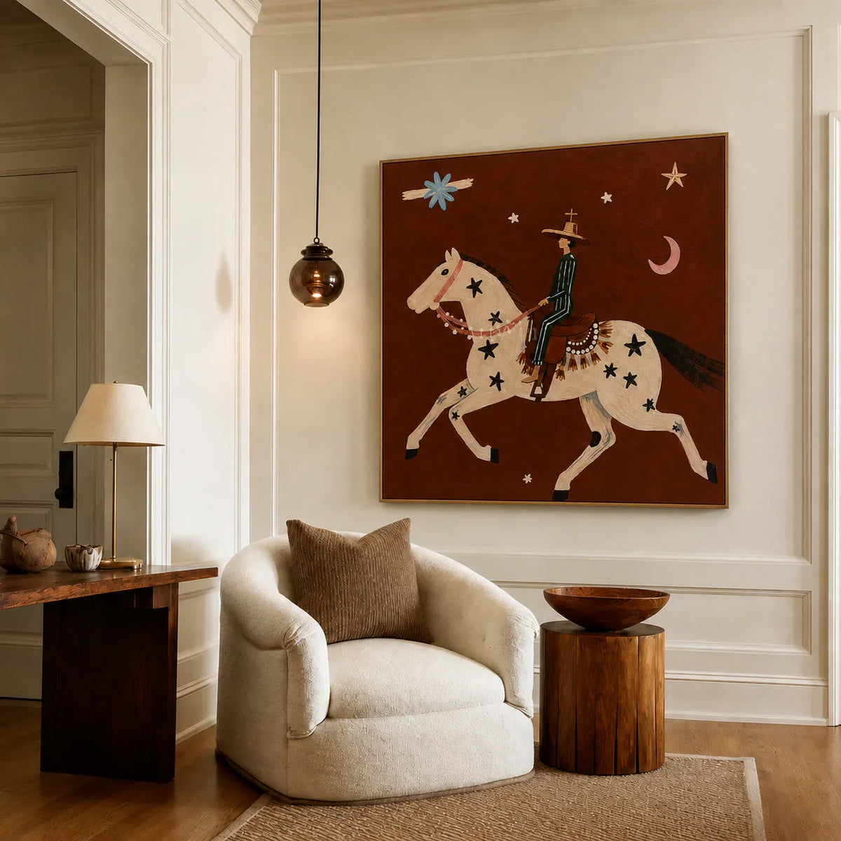 Star-Spotted Horse and Crescent Rider Wall Art styled interior scene 3 | Olyrel