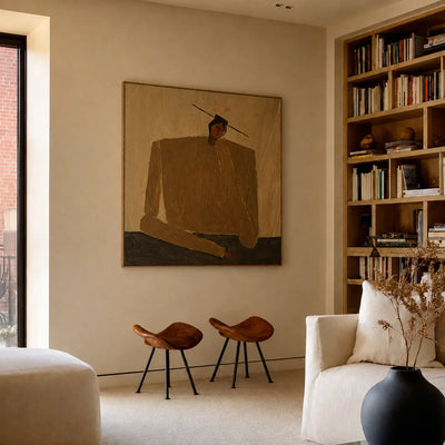 Ochre Seated Figure in Quiet Balance Wall Art styled interior scene 2 | Olyrel