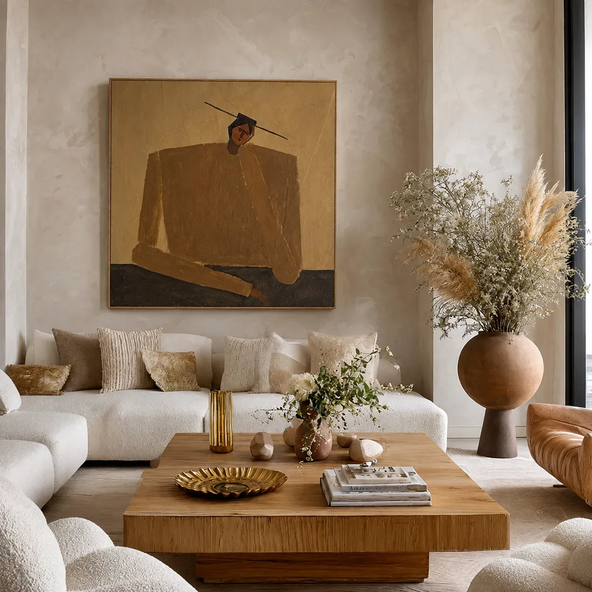 Ochre Seated Figure in Quiet Balance Wall Art styled interior scene 4 | Olyrel