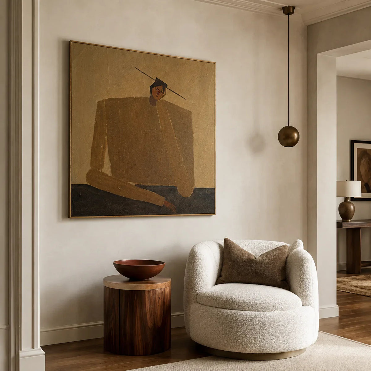 Ochre Seated Figure in Quiet Balance Wall Art styled interior scene 5 | Olyrel