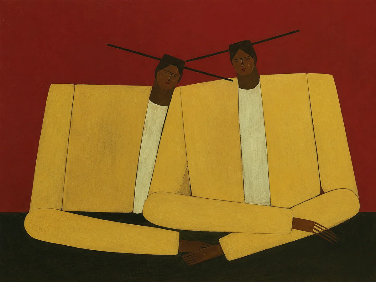 Mustard Jacket Companions on Rust Wall Art artwork view | Olyrel