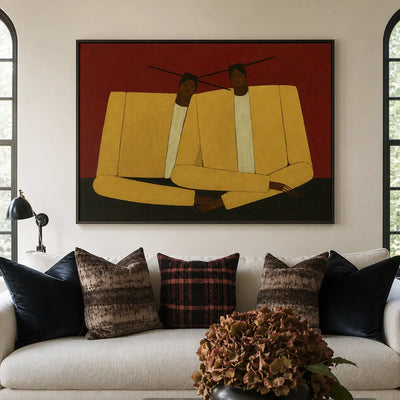 Mustard Jacket Companions on Rust Wall Art styled interior scene 1 | Olyrel