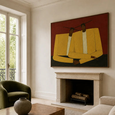 Mustard Jacket Companions on Rust Wall Art styled interior scene 3 | Olyrel
