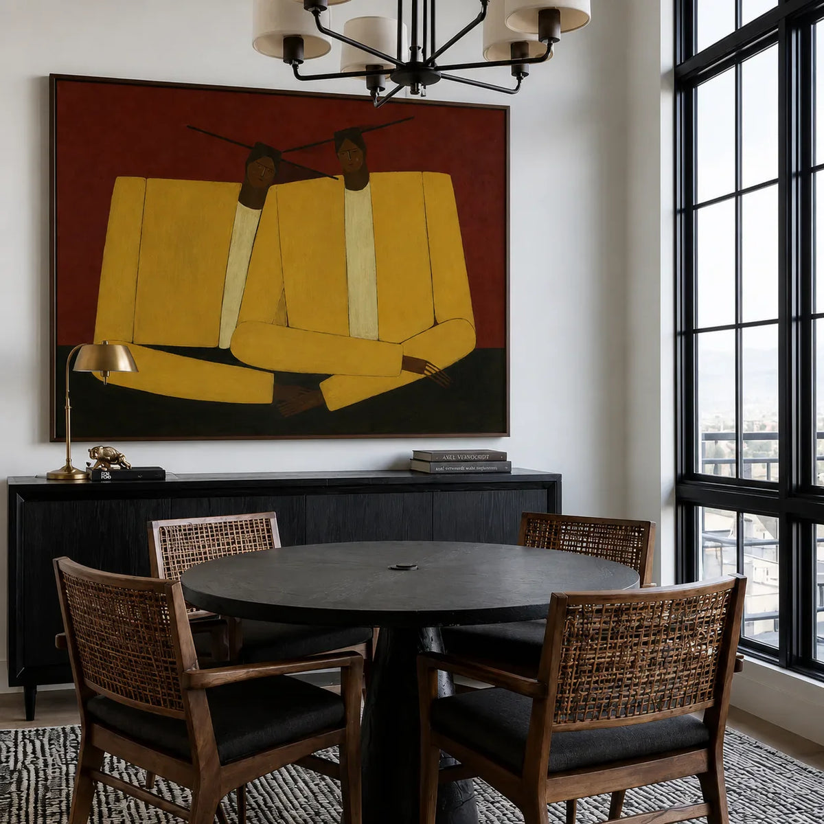 Mustard Jacket Companions on Rust Wall Art styled interior scene 4 | Olyrel