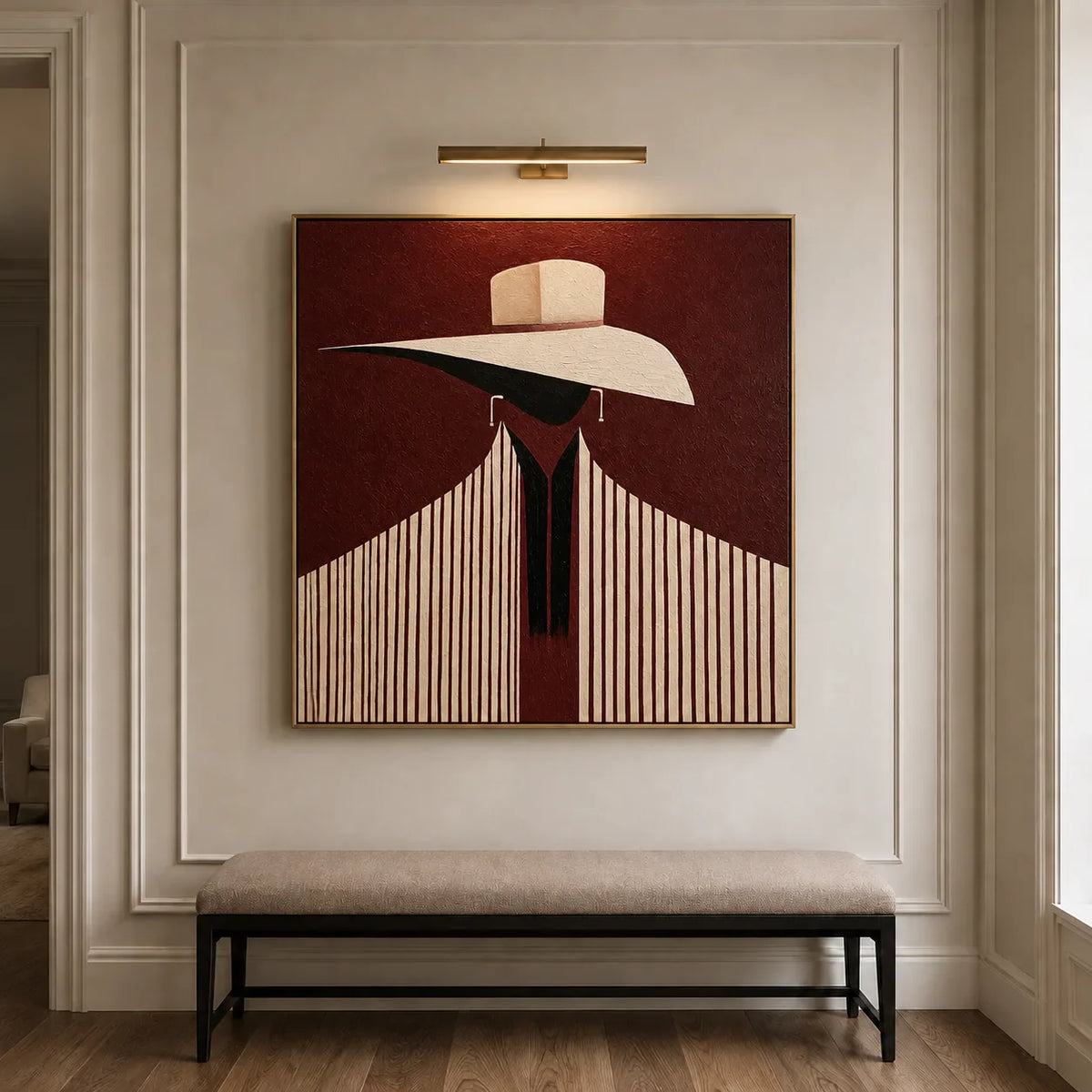 Ivory Hat and Burgundy Stripes Portrait Wall Art styled interior scene 1 | Olyrel