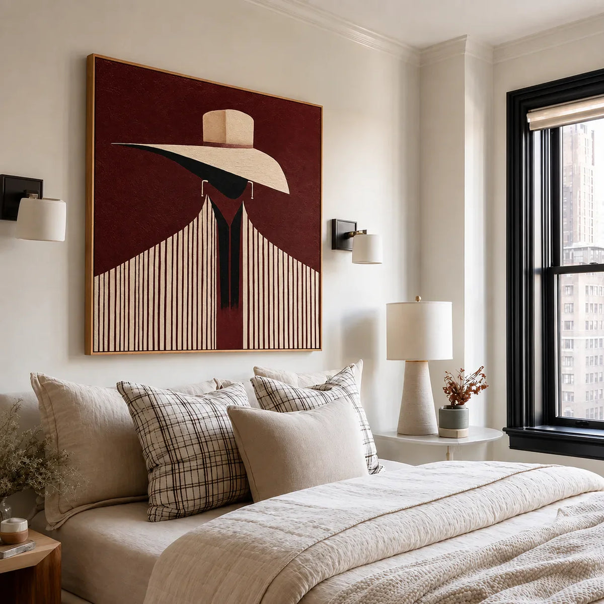 Ivory Hat and Burgundy Stripes Portrait Wall Art styled interior scene 3 | Olyrel