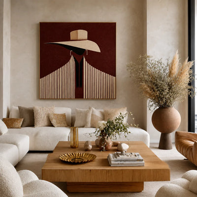 Ivory Hat and Burgundy Stripes Portrait Wall Art styled interior scene 4 | Olyrel