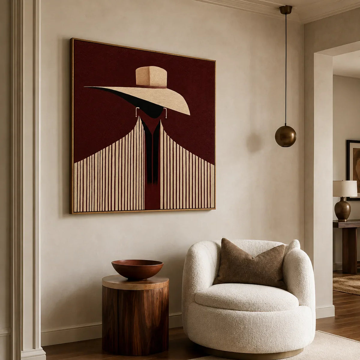 Ivory Hat and Burgundy Stripes Portrait Wall Art styled interior scene 5 | Olyrel
