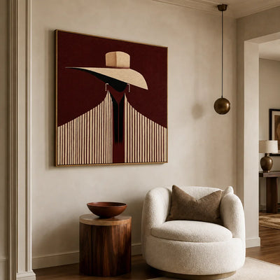 Ivory Hat and Burgundy Stripes Portrait Wall Art styled interior scene 5 | Olyrel
