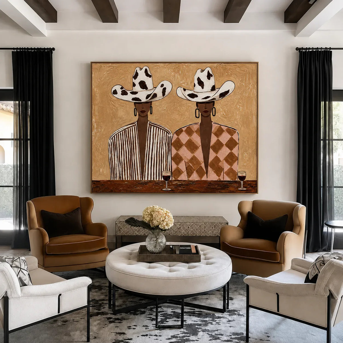 Cowprint Hat Duo with Wine Glasses Wall Art styled interior scene 1 | Olyrel
